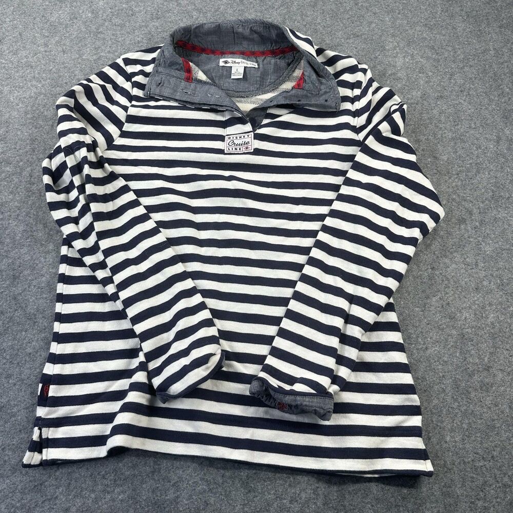 Disney Cruise Line Polo Shirt WoMens Large Blue Stripe Long Sleeve Nautical Logo